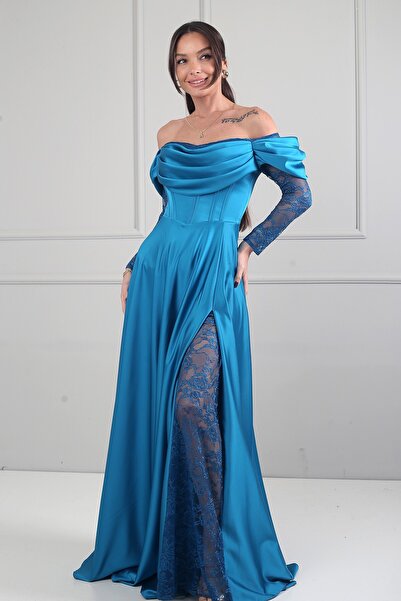 By Saygı Rochie lungă din satin pentru femei, cu decolteu drapat, căptușită c...