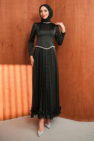 İmajButik Black Stone Detailed Satin Pleated Evening Dress