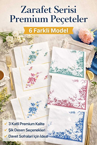 SUNA K Zarafet Serisi 3 Katlı Premium Desenli Davet Peçetesi – 6 Farklı Model”