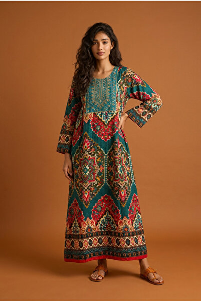 Mabrook Jalabiya Cotton Blend – Ladies A-Line Maxi Ethnic Pattern Embroidered...