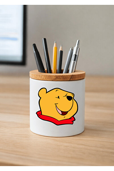 Eylül Design حامل أقلام سيراميك ويني ذا بوه مطبوع مع تفاصيل خشبية لسطح المكتب