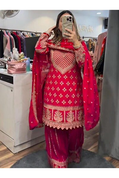 MYSMAR طقم سالوار كاميز ودوباتا من حرير شينان وردي - HRT4336 | وردي