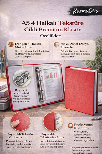 KarmaOfis A5 4 Halkalı Klasör Kırmızı Tekstüre Ciltli Premium Sunum Menü ve A...