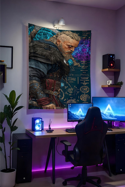 Halura Vikings Ragnar Duvar Örtüsü– Kaliteli Kumaş, Gamer Oda Dekoru Tapestry...