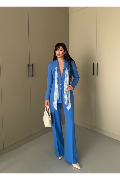 LOVELF Fular Detay Gold Düğmeli Bol Paça Takım İndigo