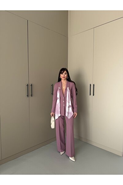 LOVELF Fular Detay Gold Düğmeli Bol Paça Takım Gül Kurusu