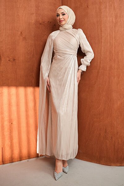 İmajButik Cream Cape Detailed Draped Stone Embellished Evening Dress