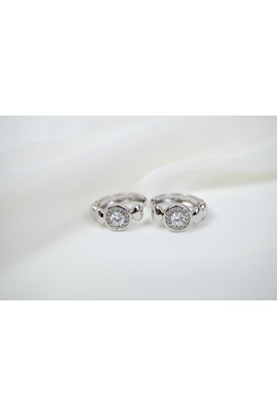 ATELİER TUĞBA Kp289 Round Frame Single Stone Looking Ring Earrings Silver (Di...