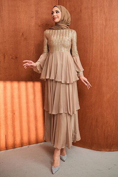 İmajButik Beige Layered Sequined Evening Dress