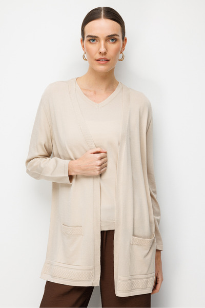 Desen Triko Women's V-Neck Skirt with Diamond Pattern Open Front Fine Knit Ca...