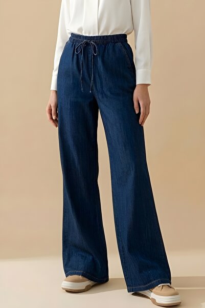 İmajButik Μπλε ναυτικό παντελόνι τζιν παλάτσο με ελαστική μέση