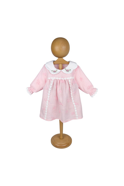 bebegen Baby Girl Pink Embroidered Collared Muslin Dress with Eyelet Embroide...