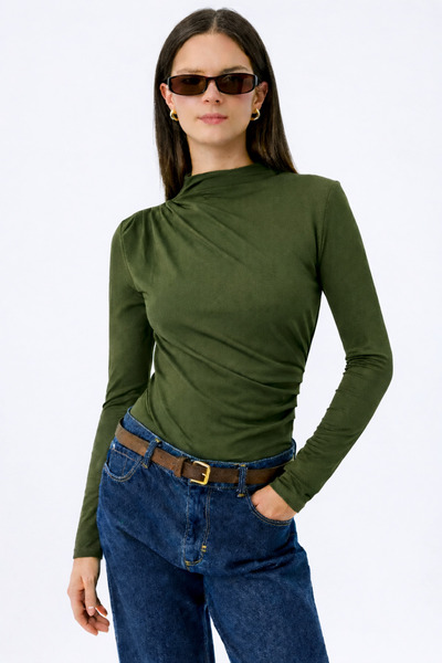 RAMİOR COLLECTION Khaki Draped Turtleneck Long Sleeve Blouse