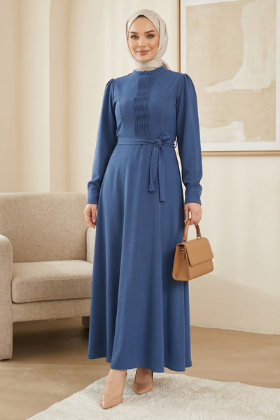 FERHEL Çima Detailed Belted Ayrobin Fabric Hijab Dress - Indigo