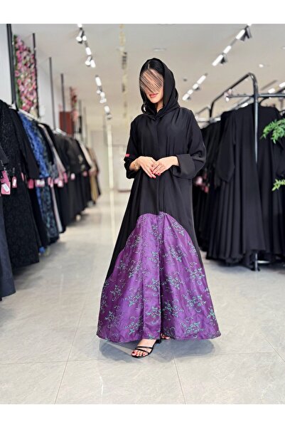 dar laha abaya Abaya D940 - Black Berry Fabric with Padded Lace - Purple