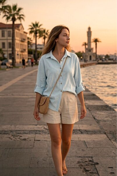 Desire Ayvalık Kadın Oversize Geniş Kesim %100 Pamuk/Keten Uzun Kollu Gömlek