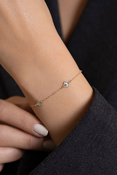 Bayar Gold 14 Ayar Altın Minimal Yonca Bileklik + 2 cm Uzatmalı