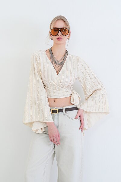 Trend Alaçatı Stili بلوزة نسائية إكرو بأزرار على الجهتين بياقة أسبانية كم C ب...