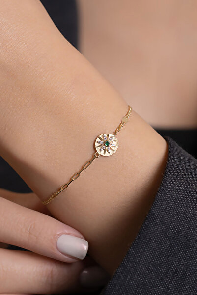 Bayar Gold 14 Ayar Altın Taşlı Güneş Plaka Bileklik + 3 cm Uzatmalı