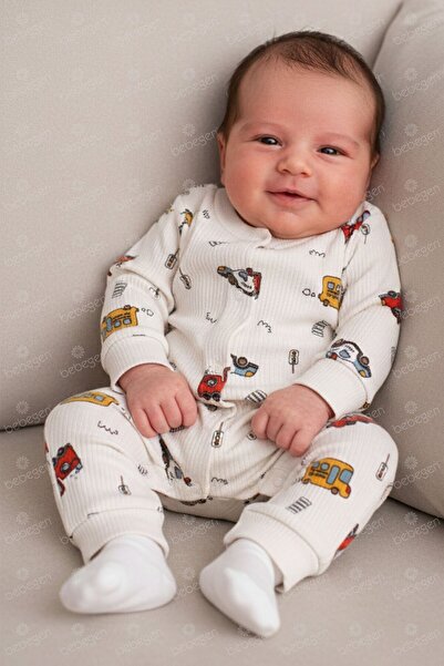 bebegen Baby Boy Beige Bus Patterned Cuffed Snap-On Jumpsuit