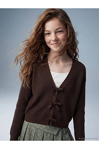 LC Waikiki Lcw Kids Brown V-Neck Bow Detail Girls' Knitwear Cardigan