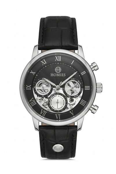 Homies Men's Black Leather Cord Black Dial Multifunction Wristwatch 2-Year Wa...