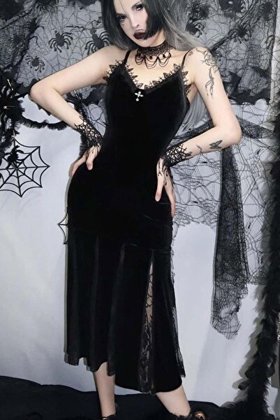 Köstebek Black Gothic Lace Slit Detailed Crusader Midi Y2K Velvet Dress
