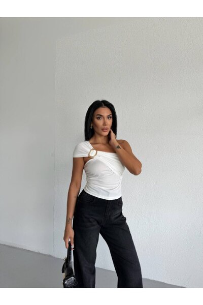 SİROZZİ Kadın Tek Omuz Tokalı Drapeli Bluz Şık Sandy Kumaş Slim Fit Abiye Üst