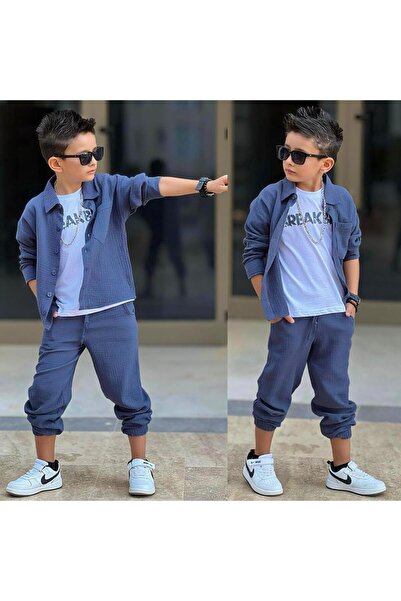 Bambam Set 3 piese pentru băieți, muselină albastră, cămașă, tricou, pantalon...