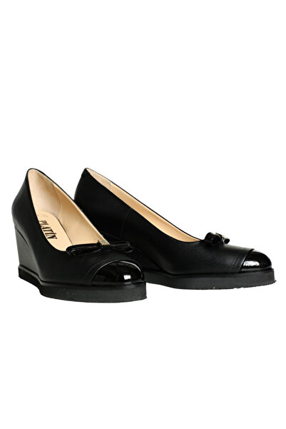 Platin Black Leather Women's Wedge Heel Shoes
