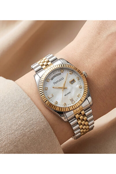 Ferrucci Milano Çift Takvimli Kadın Kol Saati Kadran Çift Renk Çelik Kordon 3...