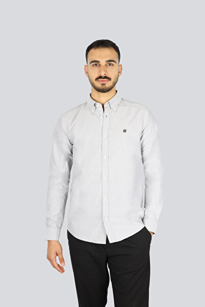 BOSS قميص رجالي قصة ضيقة 100% قطن لو بشعار مطرز وأكمام طويلة باللون الرمادي 5...