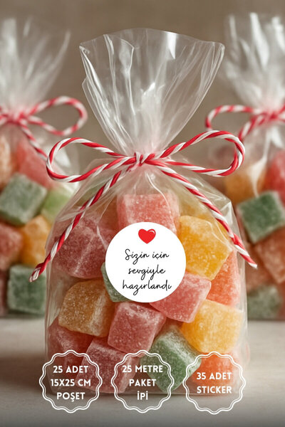 Bimotif 25li Sticker, İp ve Hediye Poşeti Seti (25 Şeffaf Poşet 15x25 cm, 25 ...