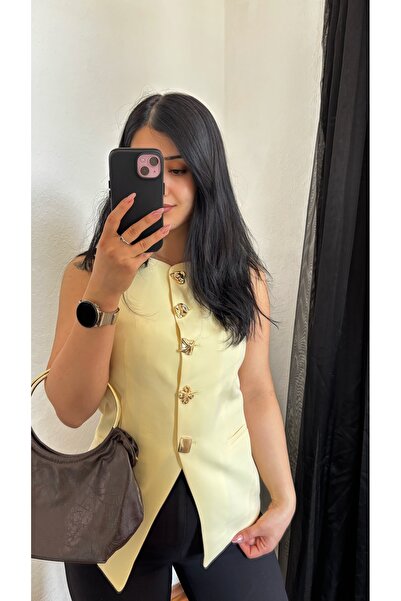 ROSYPOSY Kadın Şık Sarı Gold Düğme Detaylı Astarlı Yelek Bluz