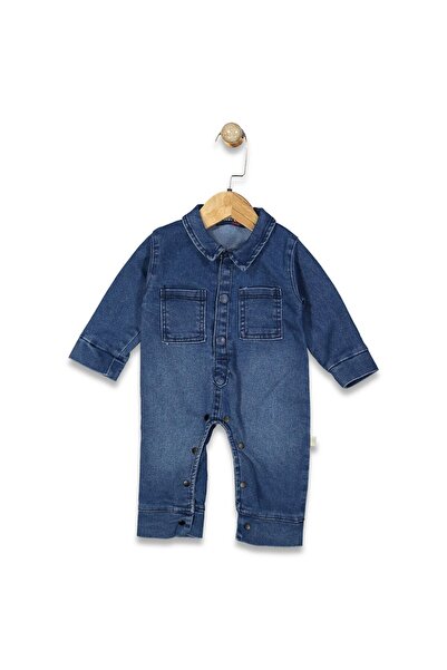 bebegen Baby Boy Blue Collared Denim Overalls with Pocketed Snaps