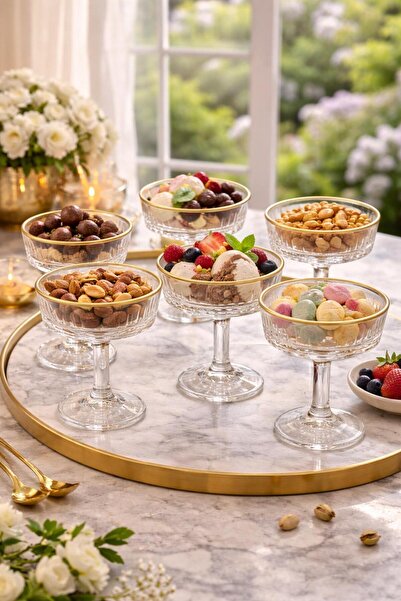 cashen 6’lı Gold Yaldızlı Ayaklı Cam Çerezlik Dondurmalık Şık Sunum Kasesi