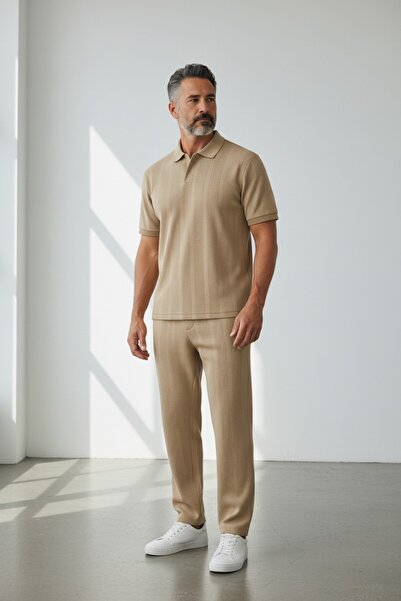 Altamira Men's Beige Honeycomb Patchwork Tracksuit Set