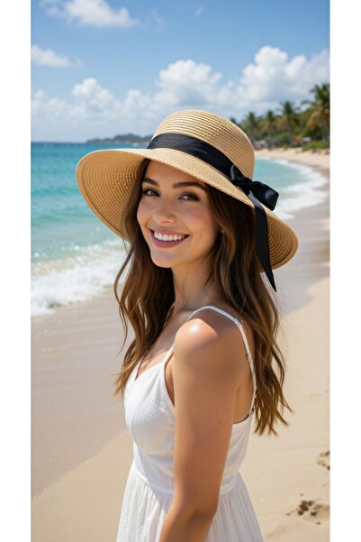 Mollycrush Pălărie cu boruri largi cu panglică camel pentru femei |   Model e...