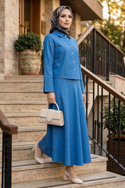 N.S NEVA STYLE Blue Hijab Double Suit with Skirt 6287m