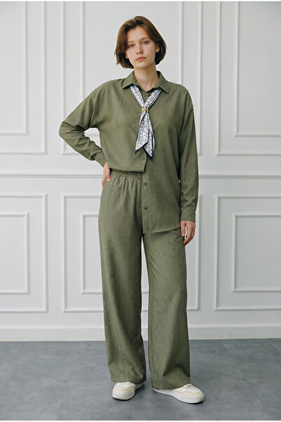 NERATHIS Women's Slim Tencel Shirt and Pants Two-Piece Set - Khaki