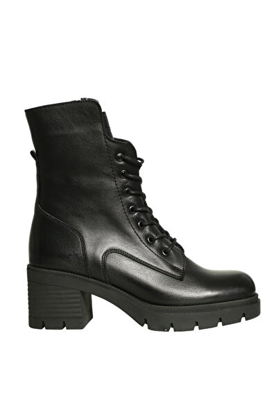 Platin Black Leather Women's Heeled Boots