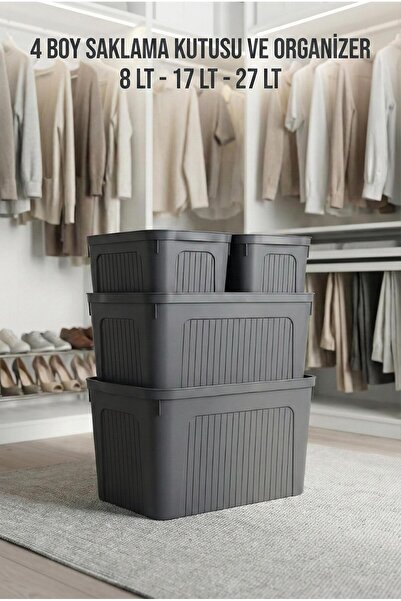 EWs Smoked 4-Piece Mixed Unit Storage Box Set (8 Lt + 17 Lt + 27 Lt) & Multi-...