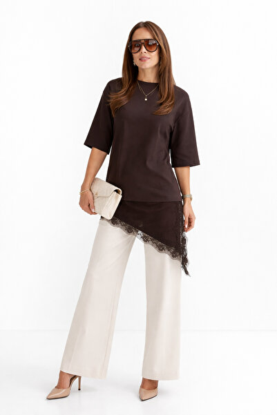 kikiriktekstil 10902 Women's Oversized Mold Skirt Hem Lace Detailed Cotton T-...