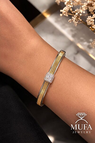 MUFA JEWELRY Cartier Tarzı Zirkon Taşlı Gold Detaylı Çelik Kelepçe Bileklik