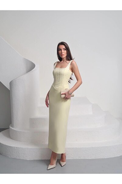 EtikaOnline Taşlı Tasarım Uzun Elbise Beyaz Rüya