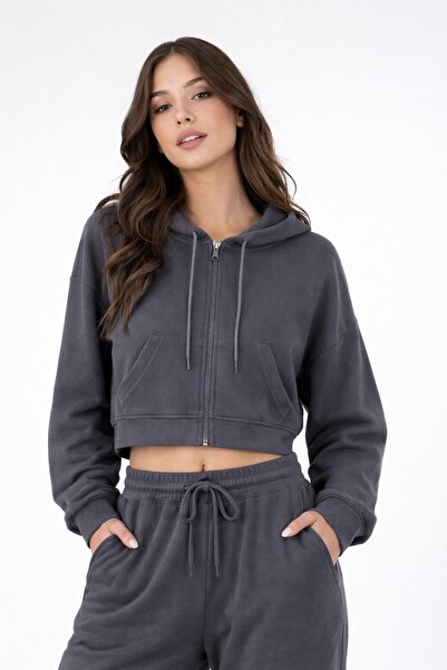 Lotus Kadın Fermuarlı Crop Hoodie Kapüşonlu Oversize Sweatshirt Günlük Spor