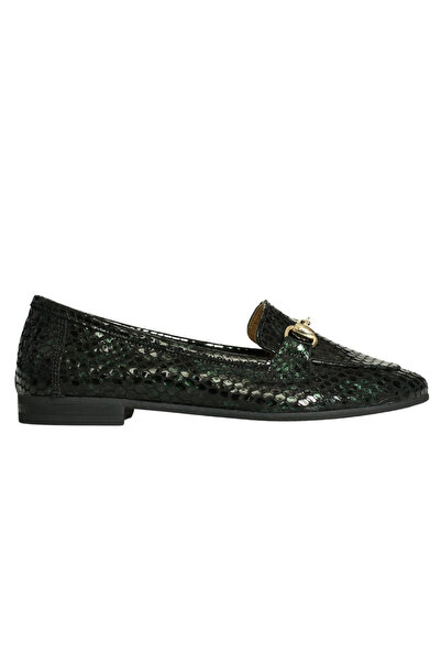 Platin Green Black Leather Women Buckled Ballet Flats