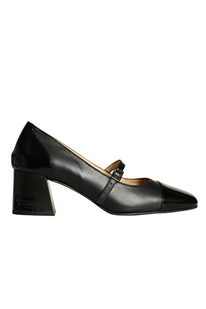 Platin Black Leather Banded Women's Heeled Shoes