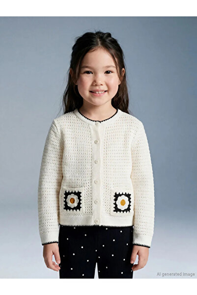 LC Waikiki Lcw Baby Ecru Crew Neck Embroidered Girls' Knitwear Cardigan