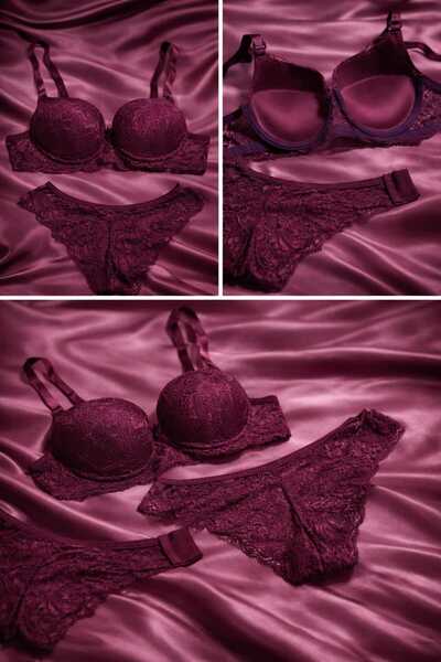 SOLENIA طقم حمالة صدر وسروال داخلي مكون من دانتيل قطع بحمالات مسطحة وحشوة كثي...